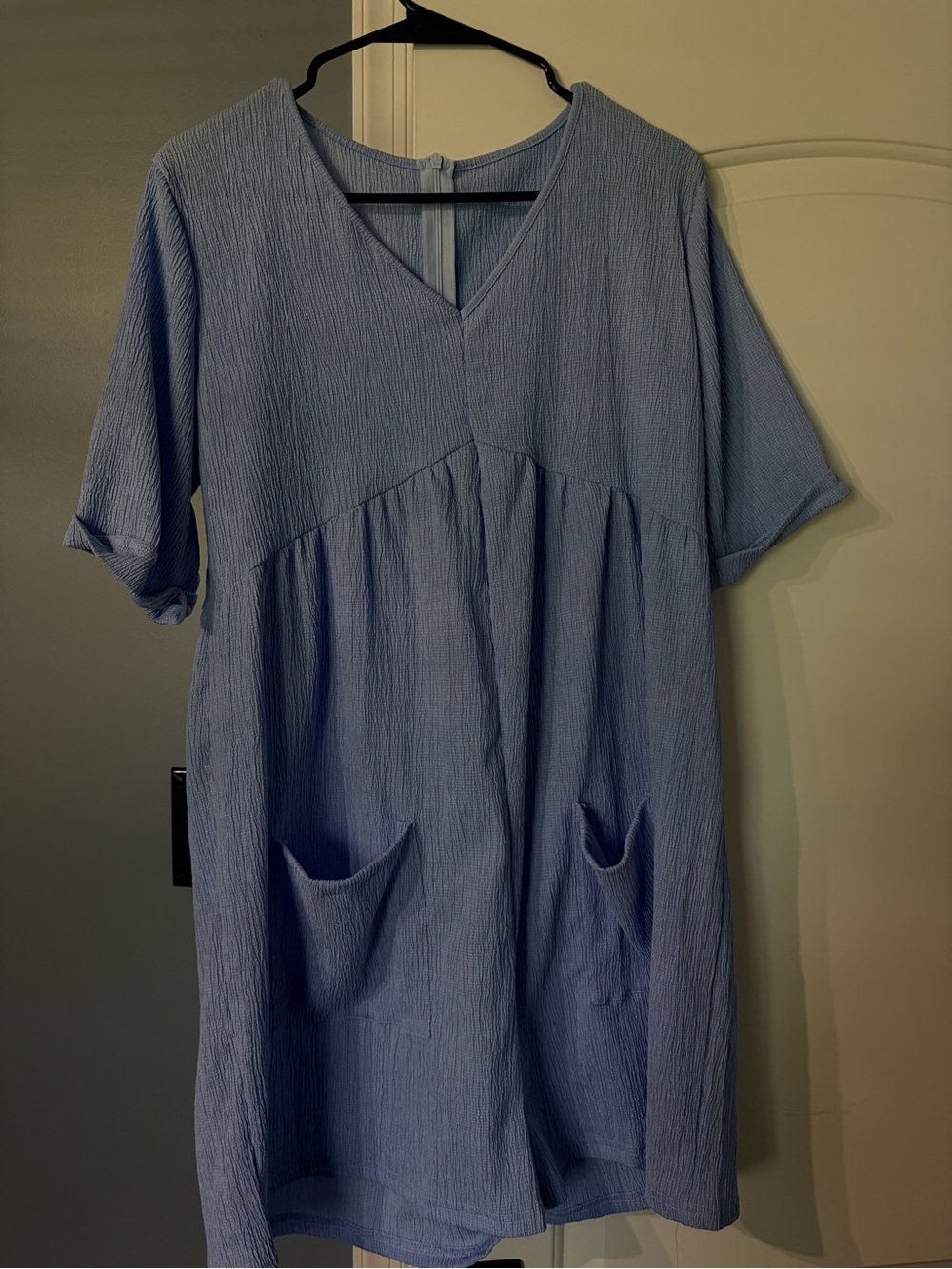 Light Blue Textured V-Neck Romper with Pockets